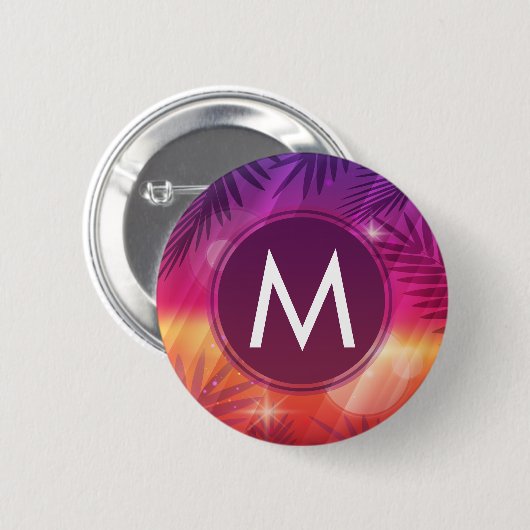 Summer Sunset Palm Trees Monogram Lila Orange Button (Vorne & Hinten)