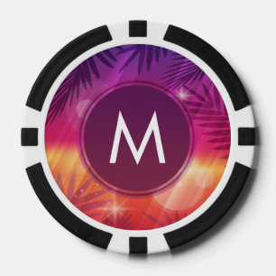 Summer Sunset Palm Trees Monogram Lila Orange Pokerchips