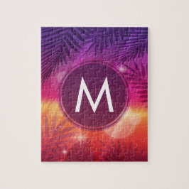 Summer Sunset Palm Trees Monogram Lila Orange Puzzle