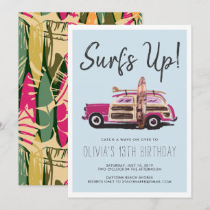 Summer Surf Party Einladung für Vintag rosa Auto