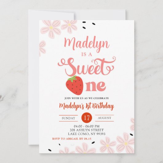 Summer Sweet One First Birthday Strawberry Einladung (Vorderseite)