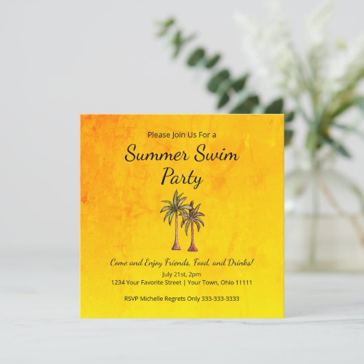 Summer Swim Pool Party Tropical Palm Trees Gold Einladung (Stehend Vorderseite)