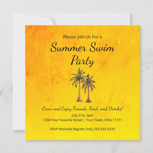 Summer Swim Pool Party Tropical Palm Trees Gold Einladung (Vorderseite)