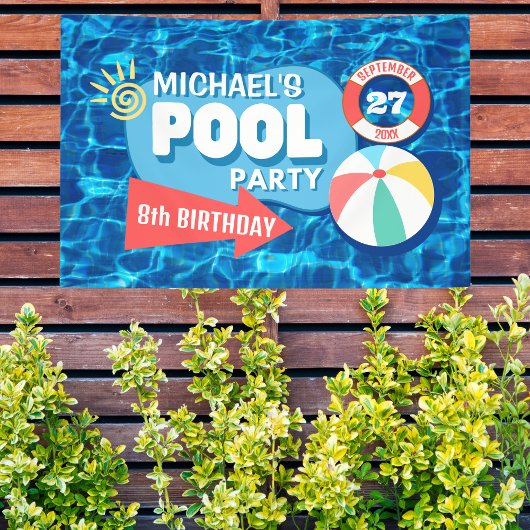 Summer Swimming Pool Party Tropical Birthday Blue Banner
