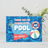 Summer Swimming Pool Party Tropical Birthday Blue Dankeskarte (Stehend Vorderseite)