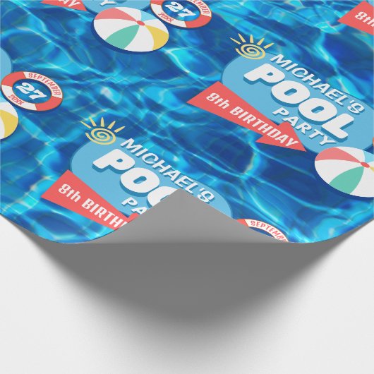Summer Swimming Pool Party Tropical Birthday Blue Geschenkpapier (Ecke)