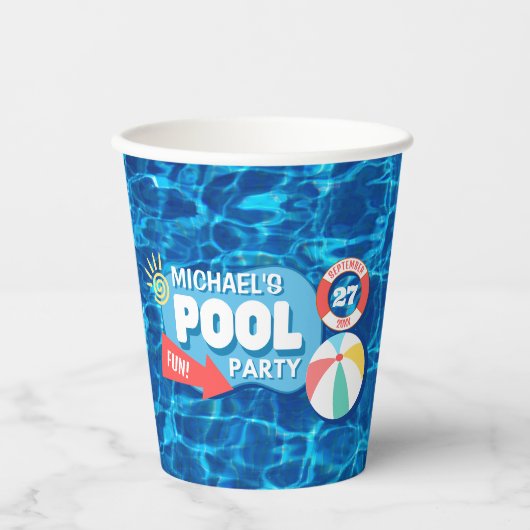 Summer Swimming Pool Party Tropical Birthday Blue Pappbecher (Vorderseite)