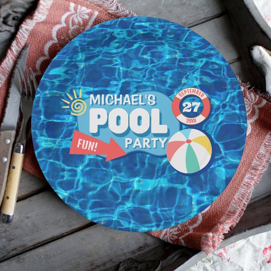 Summer Swimming Pool Party Tropical Birthday Blue Pappteller