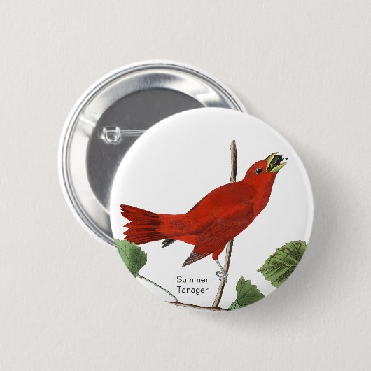 Summer Tanager, Audubon Red Bird, Birdwatcher Bird Button (Vorne & Hinten)