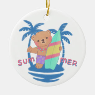 Summer Teddy Bear Surfer in Hawaii Keramik Ornament