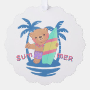 Summer Teddy Bear Surfer in Hawaii Ornament Karte
