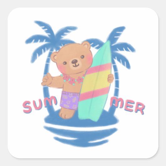 Summer Teddy Bear Surfer in Hawaii Quadratischer Aufkleber (Vorderseite)