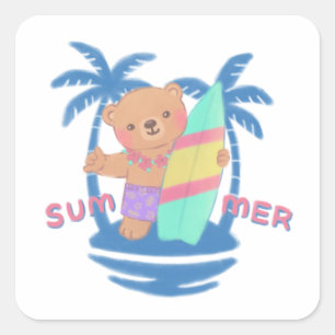 Summer Teddy Bear Surfer in Hawaii Quadratischer Aufkleber
