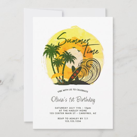 Summer Time Vibes 1. Geburtstag Einladung (Vorderseite)