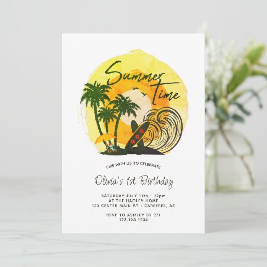 Summer Time Vibes 1. Geburtstag Einladung (Stehend Vorderseite)