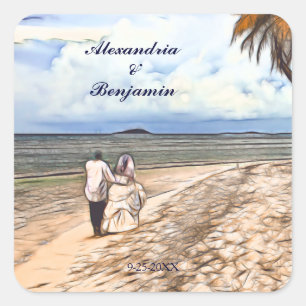 Summer Tropical Beach Bride Groom Wedding Custom Quadratischer Aufkleber