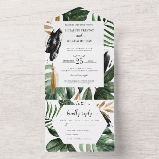 Summer Tropical Blätter Hochzeit mit UAWG All In One Einladung (Innen Boden)
