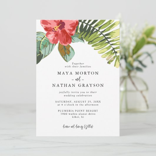 Summer Tropical Blume Palm Leaf Hochzeit Einladung (Stehend Vorderseite)