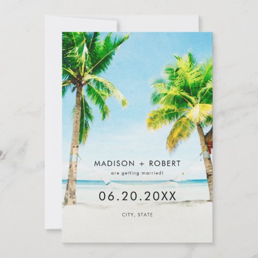 Summer Tropical Palm Tree Beach Hochzeit Save The Date (Vorderseite)