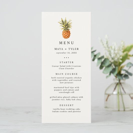 Summer Tropical Pineapses Muster Wedding Menü (Stehend Vorderseite)