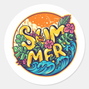 Summer Typographic Tropical Waves Runder Aufkleber