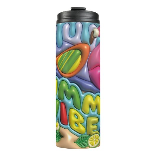 Summer Vibes 3d Aufgeblasene Früchte & Flamingo Thermosbecher (Vorderseite)