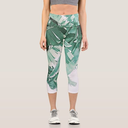 Summer Vibes Banana Blätter Blassgrün Capri Leggings (Vorderseite)