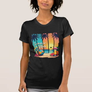 Summer Vibes Beach Scene - Tropical Sunset with Fl T-Shirt