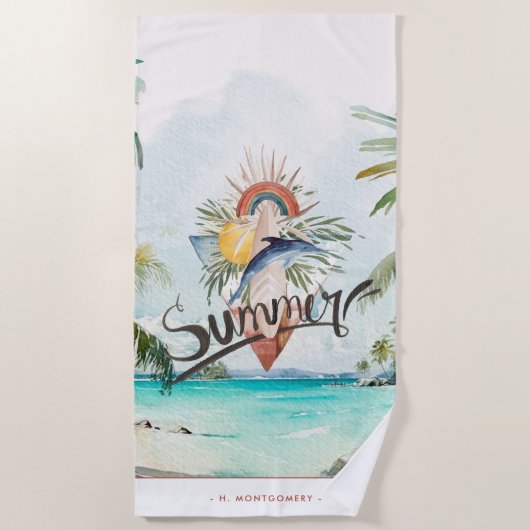 Summer Vibes | Boho Retro Summer Surf Monogramm Strandtuch (Vorderseite)