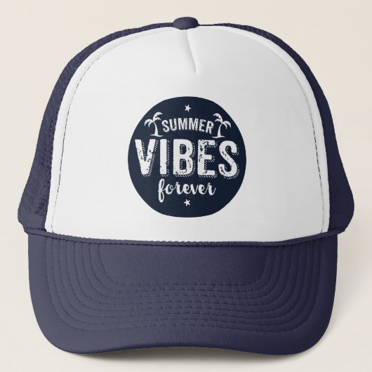 Summer Vibes Forever White & Navy Blue Text Truckerkappe (Vorderseite)