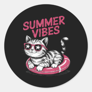 Summer Vibes Funny Cool Cat Pool Schwimmbad Beach  Runder Aufkleber