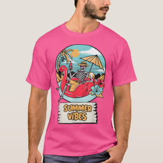 Summer Vibes Funny Skeleton Flamingo Beach Sommer T-Shirt