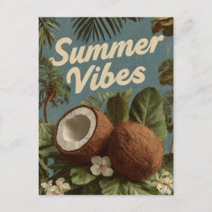 "Summer Vibes" mit Kokosnüssen und tropischen Blät Feiertagspostkarte