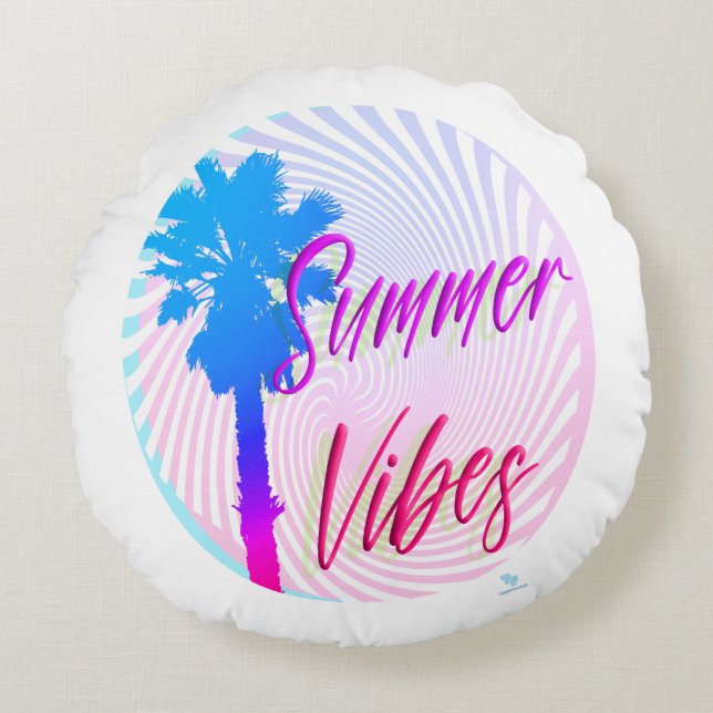 Summer Vibes Neon Palm Tree Beach Lifestyle Rundes Kissen (Vorderseite)