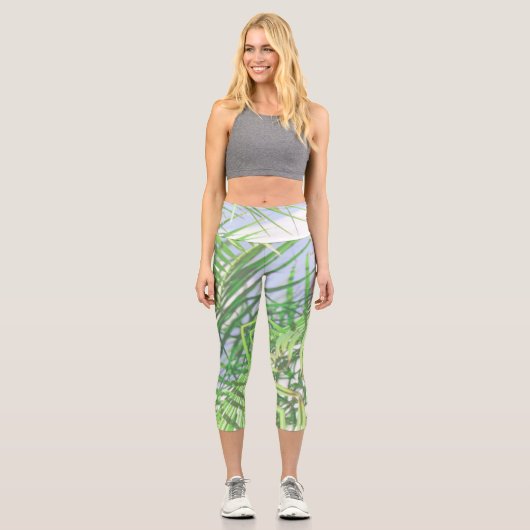 Summer Vibes Palm Tree Blätter Blassgrüne Pastel Capri Leggings (Vorderseite)