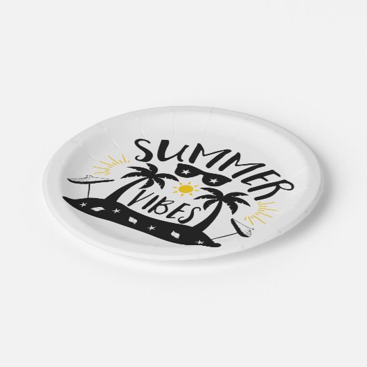 Summer Vibes Palm Trees Beach Wedding Party Pappteller (Schrägansicht)