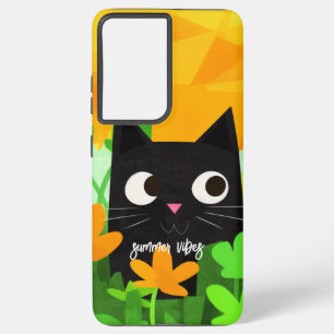 Summer Vibes Personalisiert Floral Black Cat Samsung Galaxy Hülle