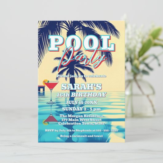 Summer Vibes Pool Party mit Palmen Trees & Cocktai Einladung (Stehend Vorderseite)