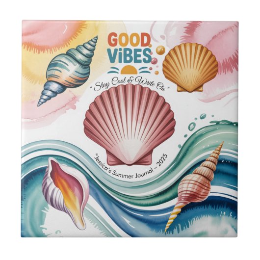 Summer Vibes Retro Beach Illustration Fliese (Vorderseite)