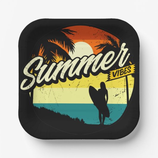 Summer Vibes Retro Silhouette Pappteller (Vorderseite)