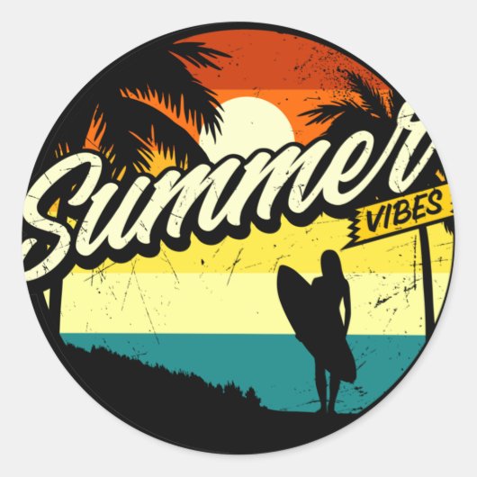 Summer Vibes Retro Silhouette Runder Aufkleber (Vorderseite)