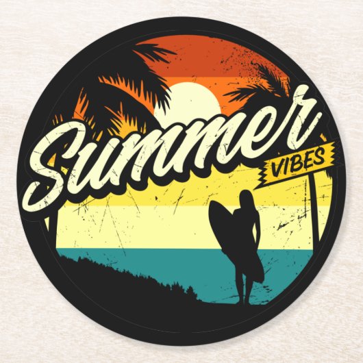 Summer Vibes Retro Silhouette Runder Pappuntersetzer (Vorderseite)