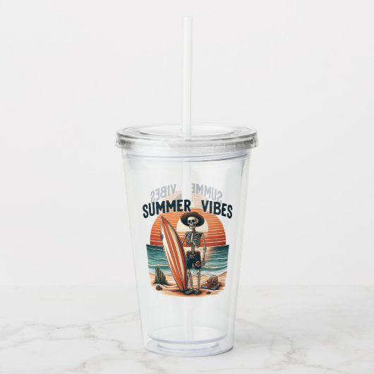 Summer Vibes Skeleton Surfer Sunset Beach Design Acryltrinkbecher (Vorderseite)