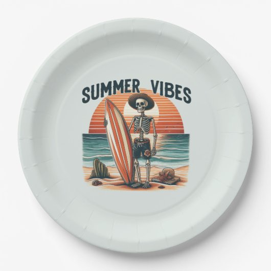 Summer Vibes Skeleton Surfer Sunset Beach Design Pappteller (Vorderseite)