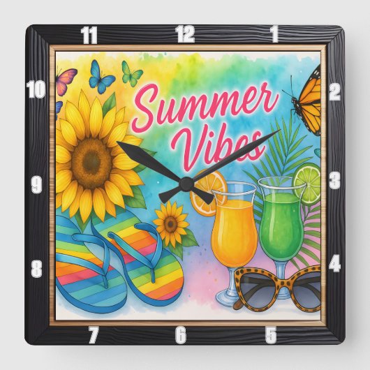 Summer Vibes Sun Fun Quadratische Wanduhr (Vorderseite)