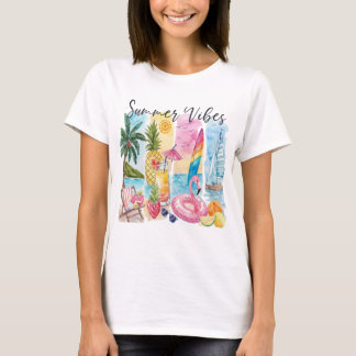 Summer Vibes Torn Collage - Retro Watercolor Beach T-Shirt