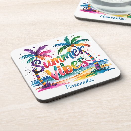 Summer Vibes Tropical Palm Tree Ozean Personalisie Getränkeuntersetzer (Linke Seite)