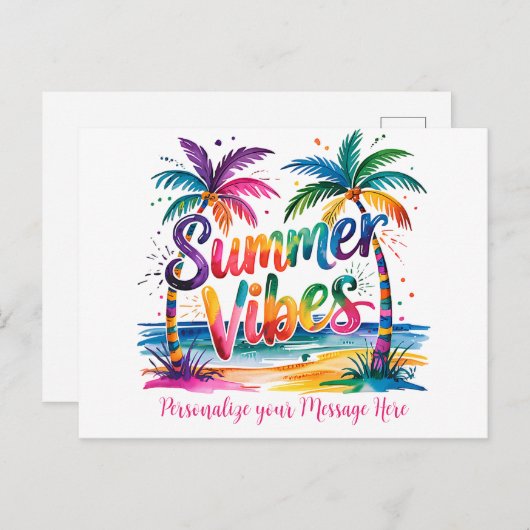 Summer Vibes Tropical Palm Trees & Ocean Sunset Ankündigungspostkarte (Vorne/Hinten)