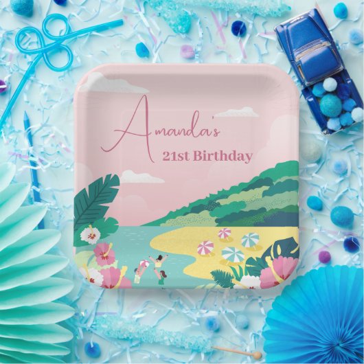 Summer Vibes Tropical Pink 21st Birthday Pappteller (Party)