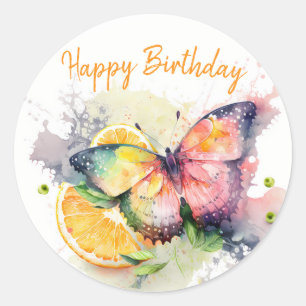 Summer Vibes Watercolor Butterfly - Happy Birthday Runder Aufkleber